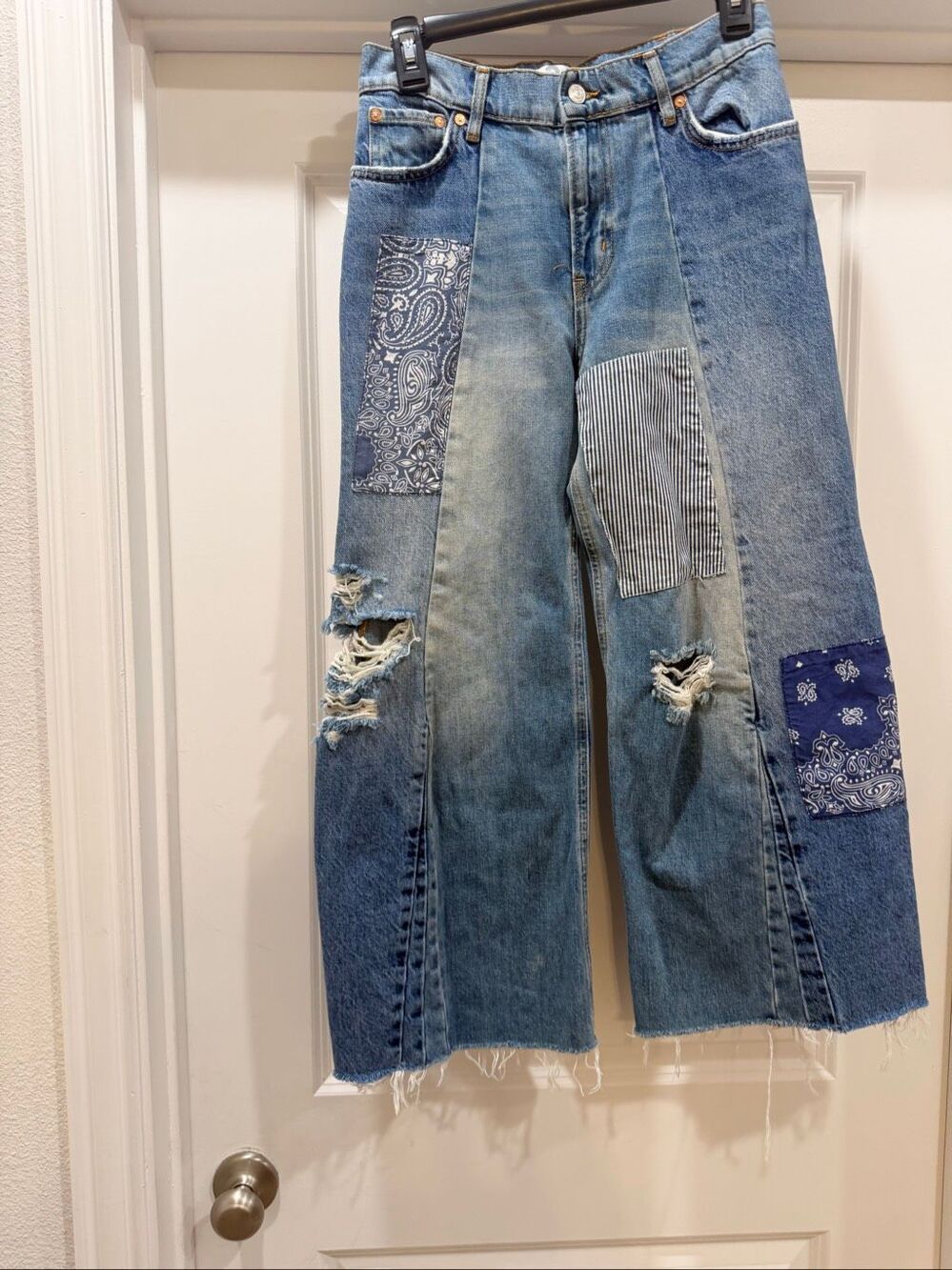 We The Free Patchwork Distressed Bandana Printed Wide Leg Jeans Blue Size 26